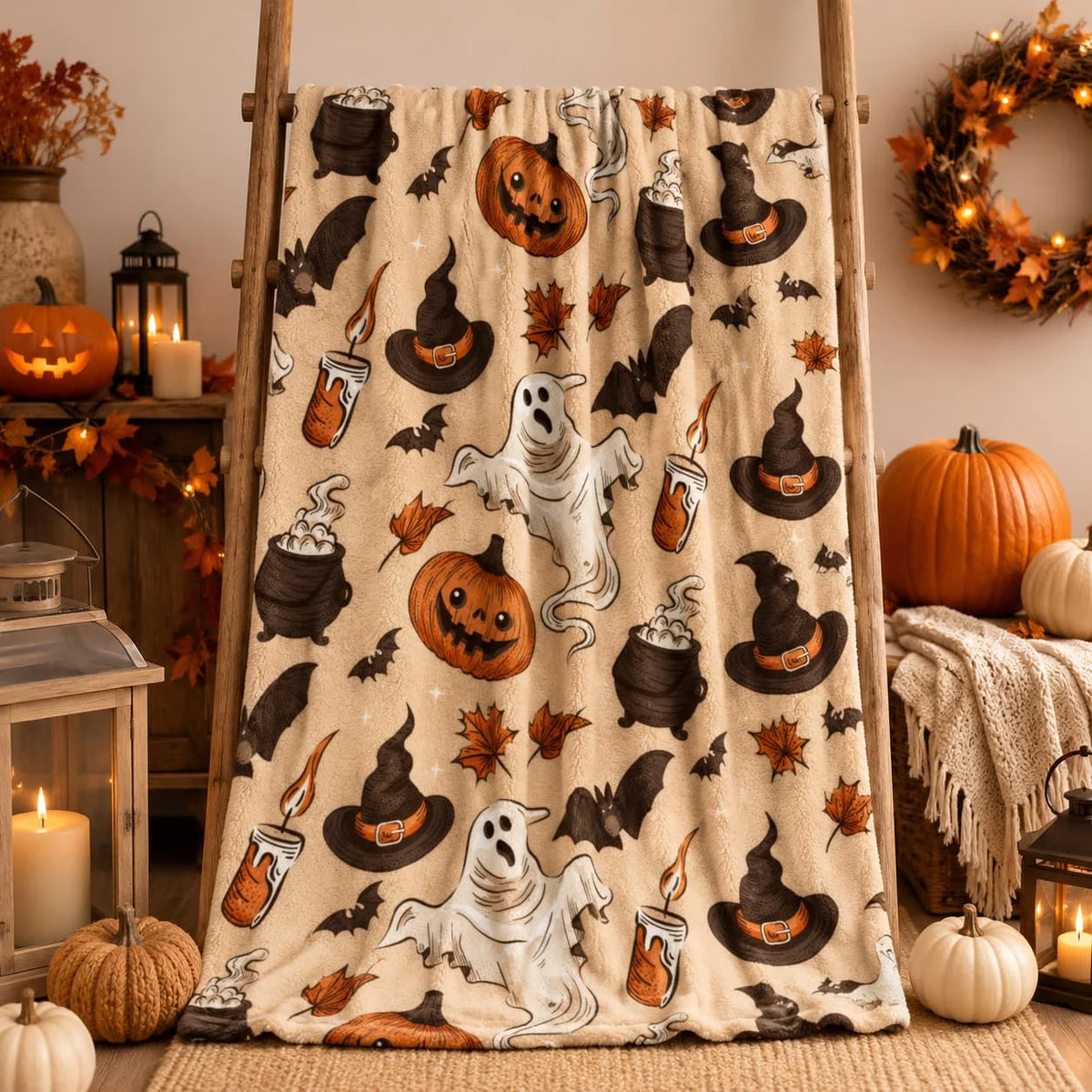 1pc Spooky Pumpkin & Ghosts Plaid Flannel Throw Blanket - Soft Polyester, All-Season Decorative Throw for Bedroom & Living Room, Machine Washable, Perfect Gift for Halloween, Birthdays, and Home Decor, Halloween Decorations