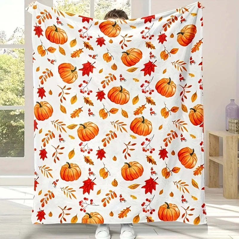 1 Autumn Leaves and Pumpkin Print Flannel Blanket, Soft Warm Throw for Sofa, Office,, Camping, Travel, Multi-Purpose Holiday Gift