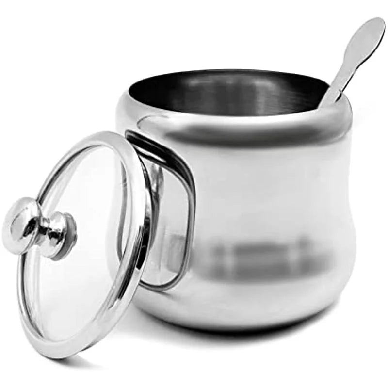 1Set 300ml Stainless Steel Sugar Bowl Coffee Seasoning Jar Condiment Pot Spice Container Canister Cruet with Lid and Spoon
