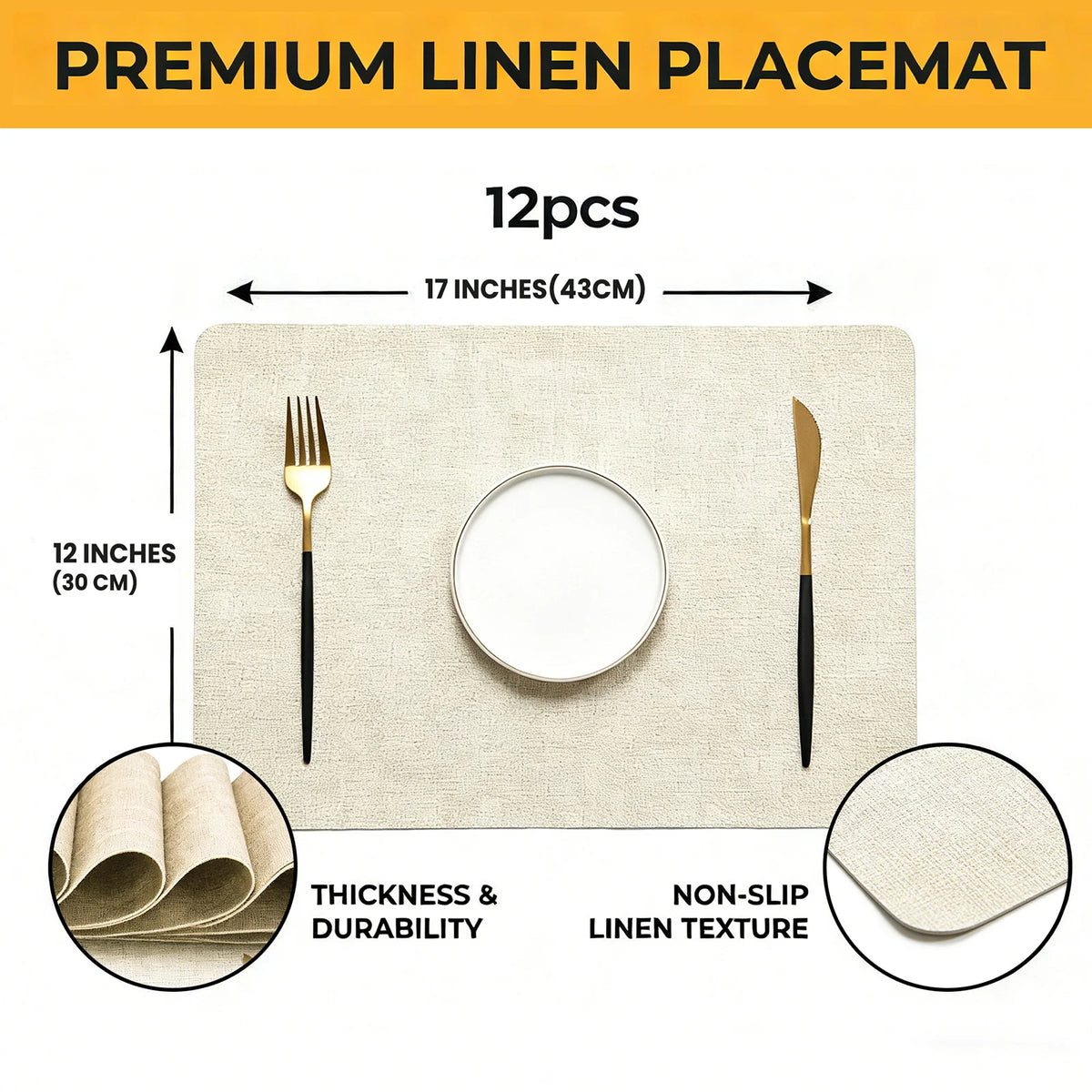 12 PCS Linen Textured Placemats, 12×17 Inch Heat Resistant Non-Slip Table Mats for Dining Table Wedding Party