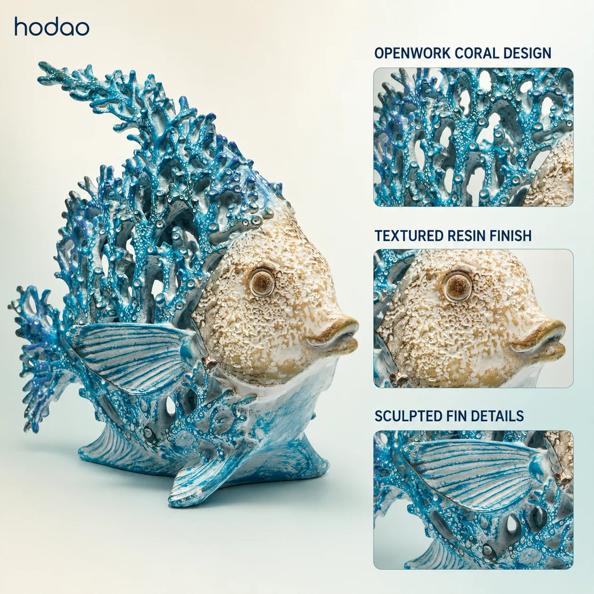 Hodao 7.75 Inch Resin Coral Reef Fish Figurine, Hand-Painted Blue and Ivory Angelfish Sculpture with Stone-Textured Finish, Coastal Ocean Sea Life Decor for Beach House, Living Room, Bathroom, Bookshelf, Tabletop, Office Desk