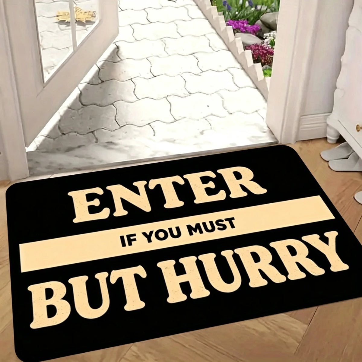 1 Fun Welcome Door Mat "Welcome Joke, Please Go Home" - Durable machine washable indoor and outdoor anti slip floor mat, rectangular door mat made of flannel material, bold text design, suitable for indoor/outdoor use