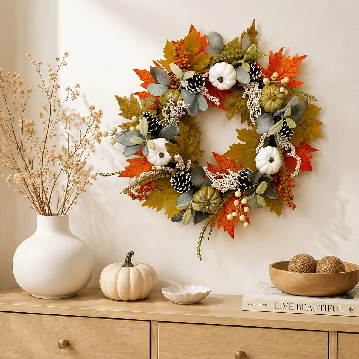1pc Fall Artificial Pumpkin Wreath with Maple Leaves, Berries, Pinecones And Eucalyptus, Thanksgiving Halloween Home Door And Wall Decor