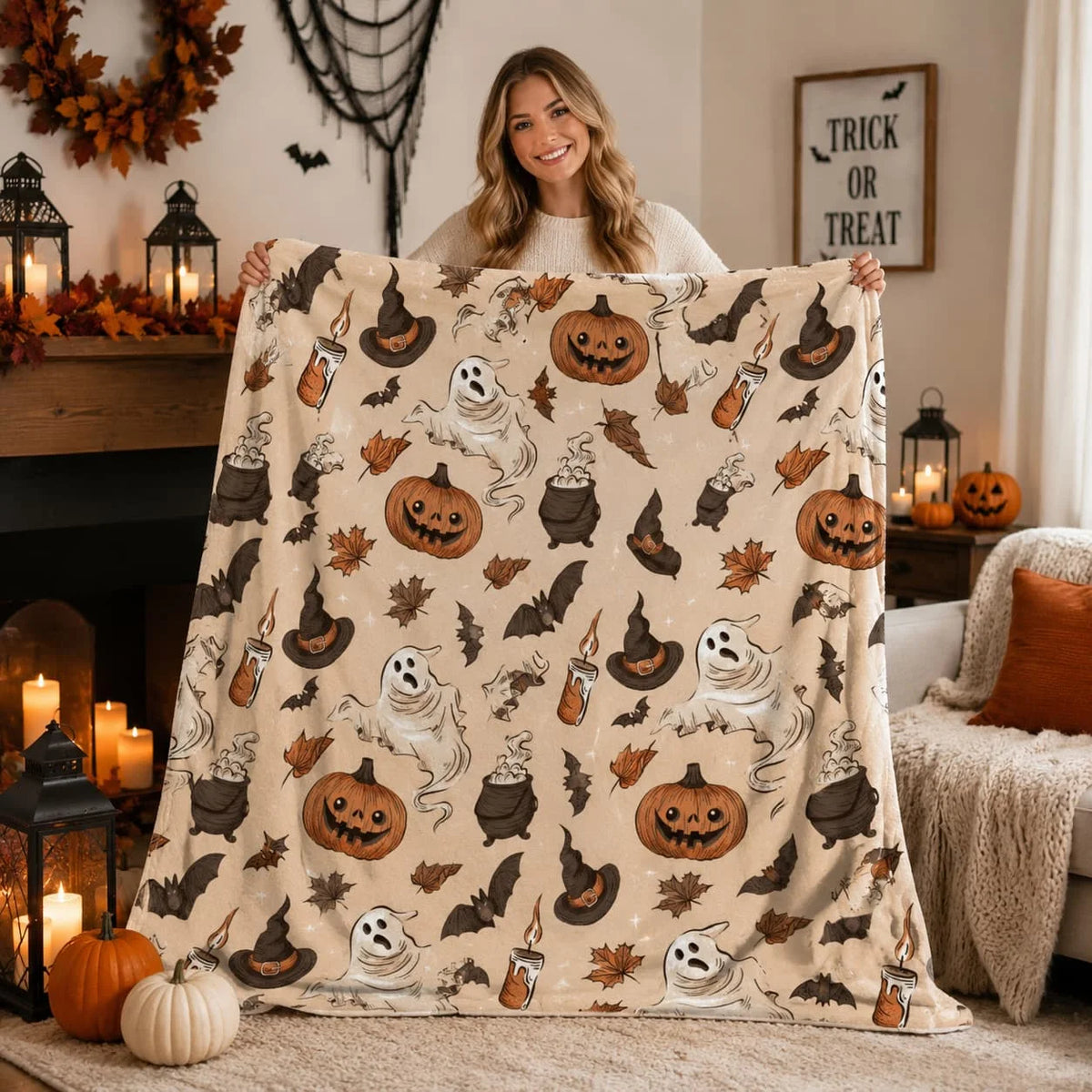 1pc Spooky Pumpkin & Ghosts Plaid Flannel Throw Blanket - Soft Polyester, All-Season Decorative Throw for Bedroom & Living Room, Machine Washable, Perfect Gift for Halloween, Birthdays, and Home Decor, Halloween Decorations