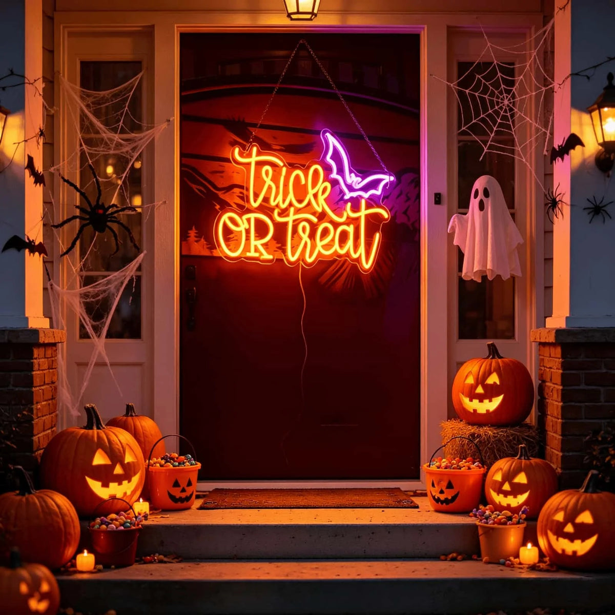 USB Powered Trick OR Treat LED Neon Sign with Bat Halloween Neon Light Wall Hanging Lamp for Party Home Bar Bedroom Window Holiday Decor