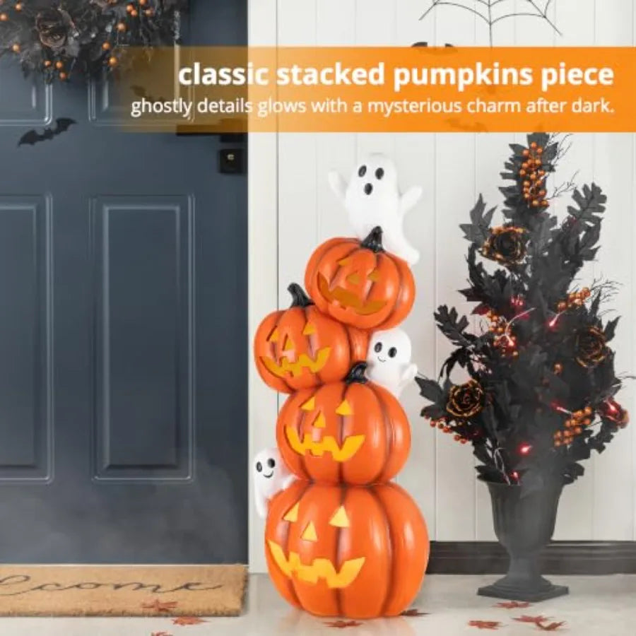 Halloween porch decor: lighted stacked jack-o-lantern statue, MGO material, orange and white, timer function for indoor/outdoor