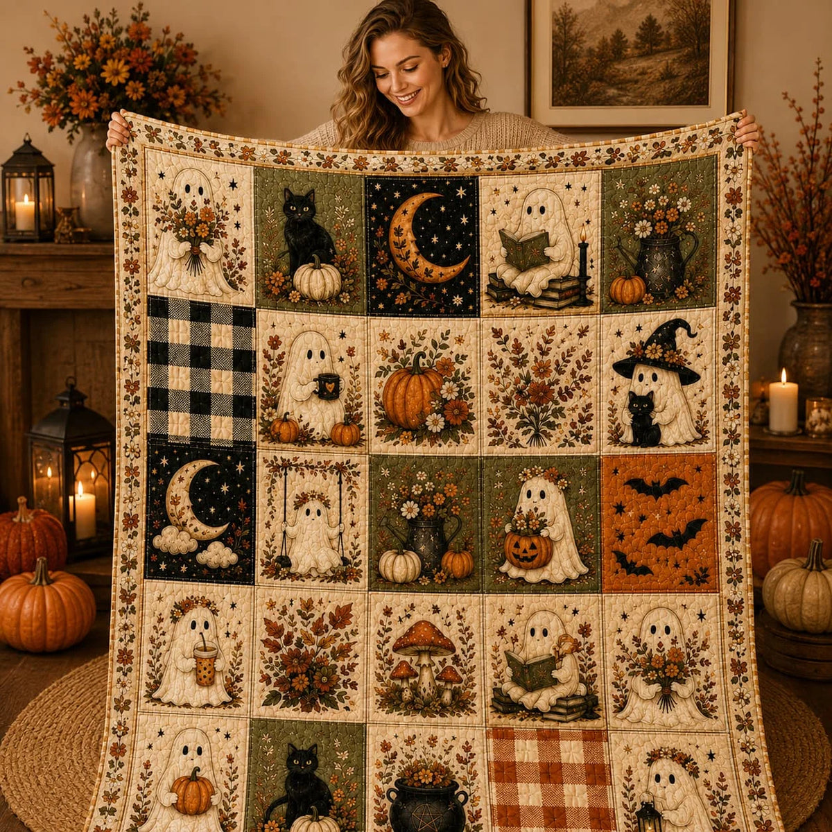 Halloween Quilt Blanket, Ghost Blanket Pumpkin Throw, Cozy Fall Blanket, Spooky Season Decor, Fall Farmhouse Bedding, Halloween Gift
