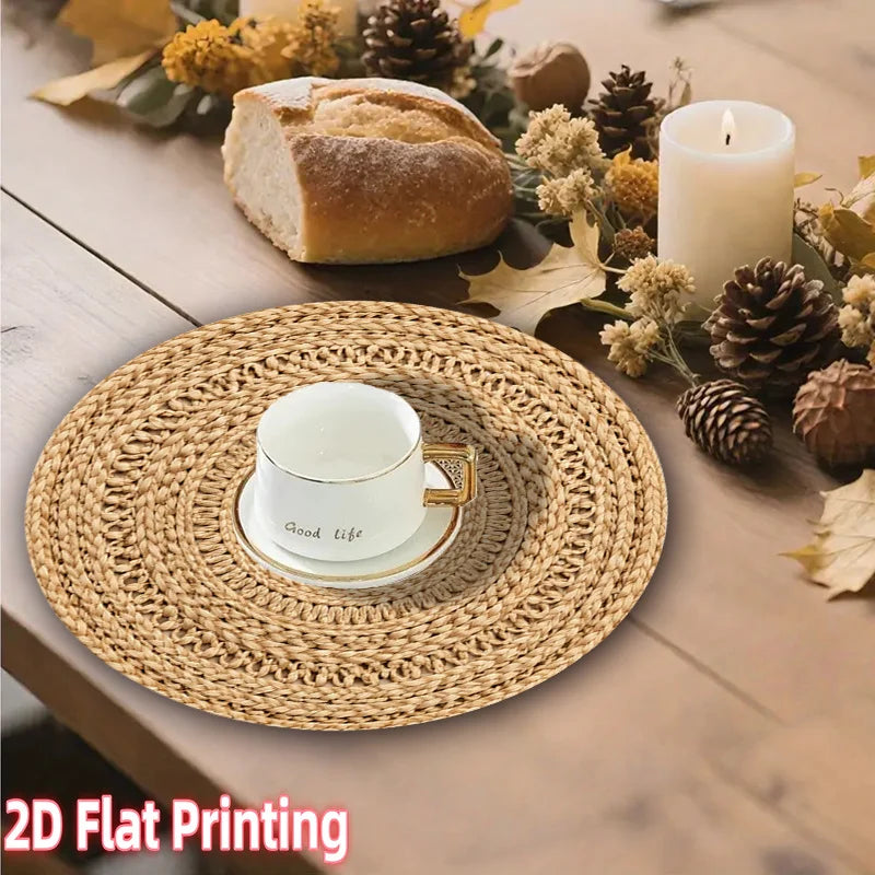 4-Pack Natural Fiber Round Placemats, Suitable for Parties and Gatherings. The table mats feature a woven natural fiber design with machine-washable fabric, ideal for decorative table settings, dining tables and Christmas dec
