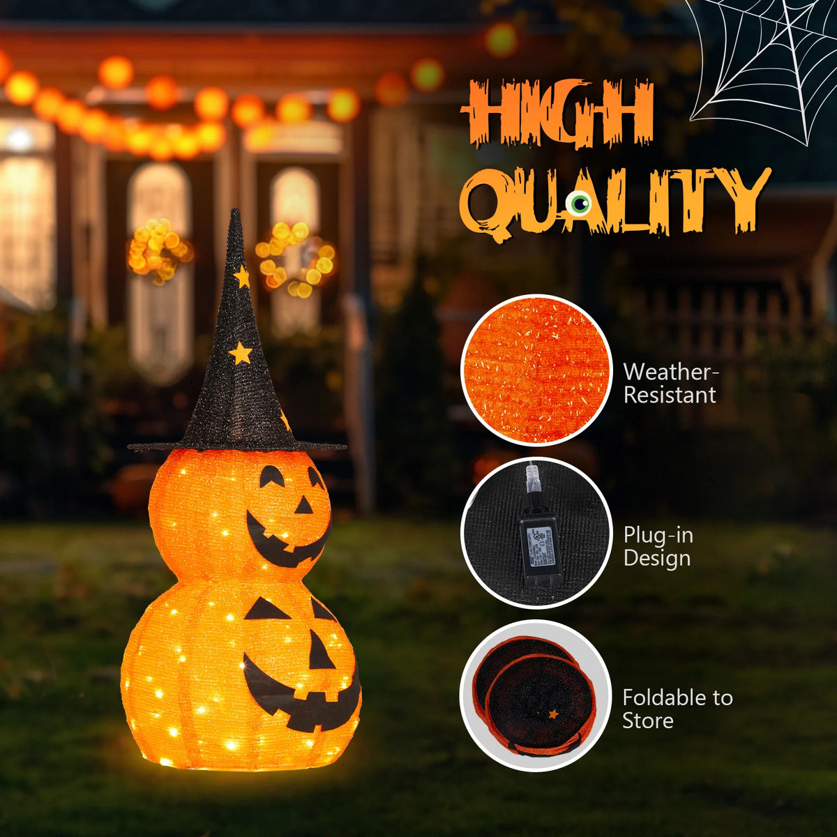 2Pcs 3FT Halloween Collapsible Pumpkin Decorations with 150 Warm LED Lights, Pop Up Lighted Pumpkin Ornament for Yard Lawn Holiday Decor