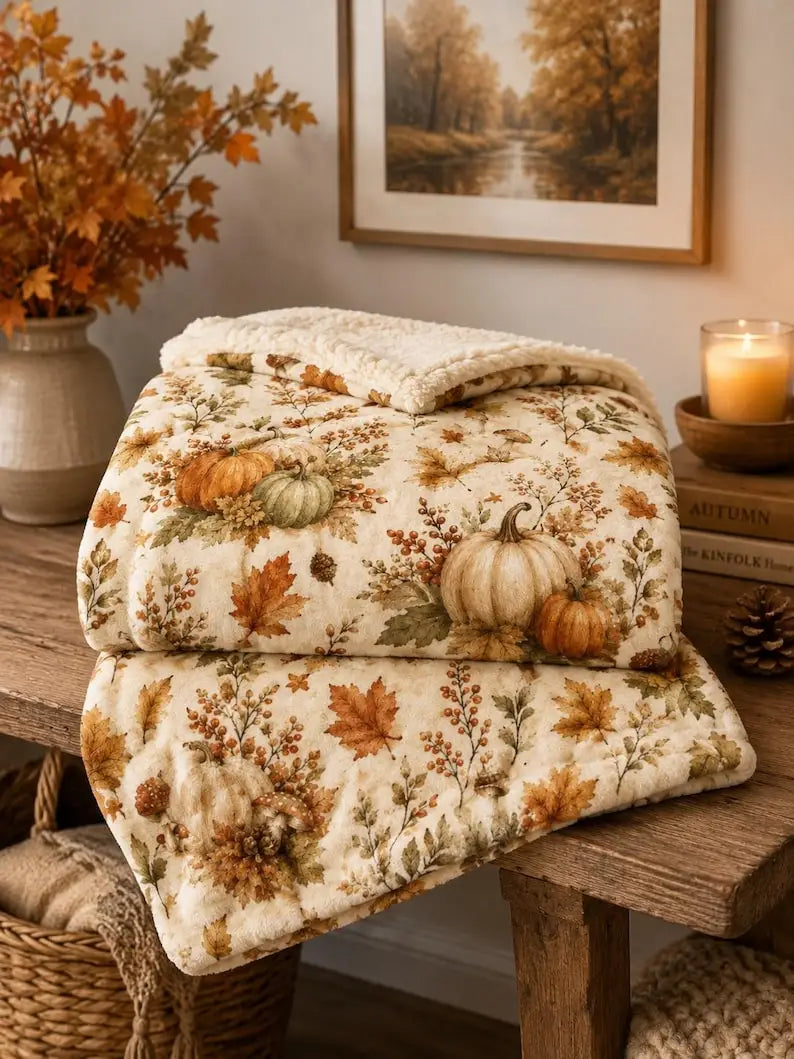 Autumn Pumpkins Velveteen Plush Blanket |   Fall Leaves Acorns Cozy Throw