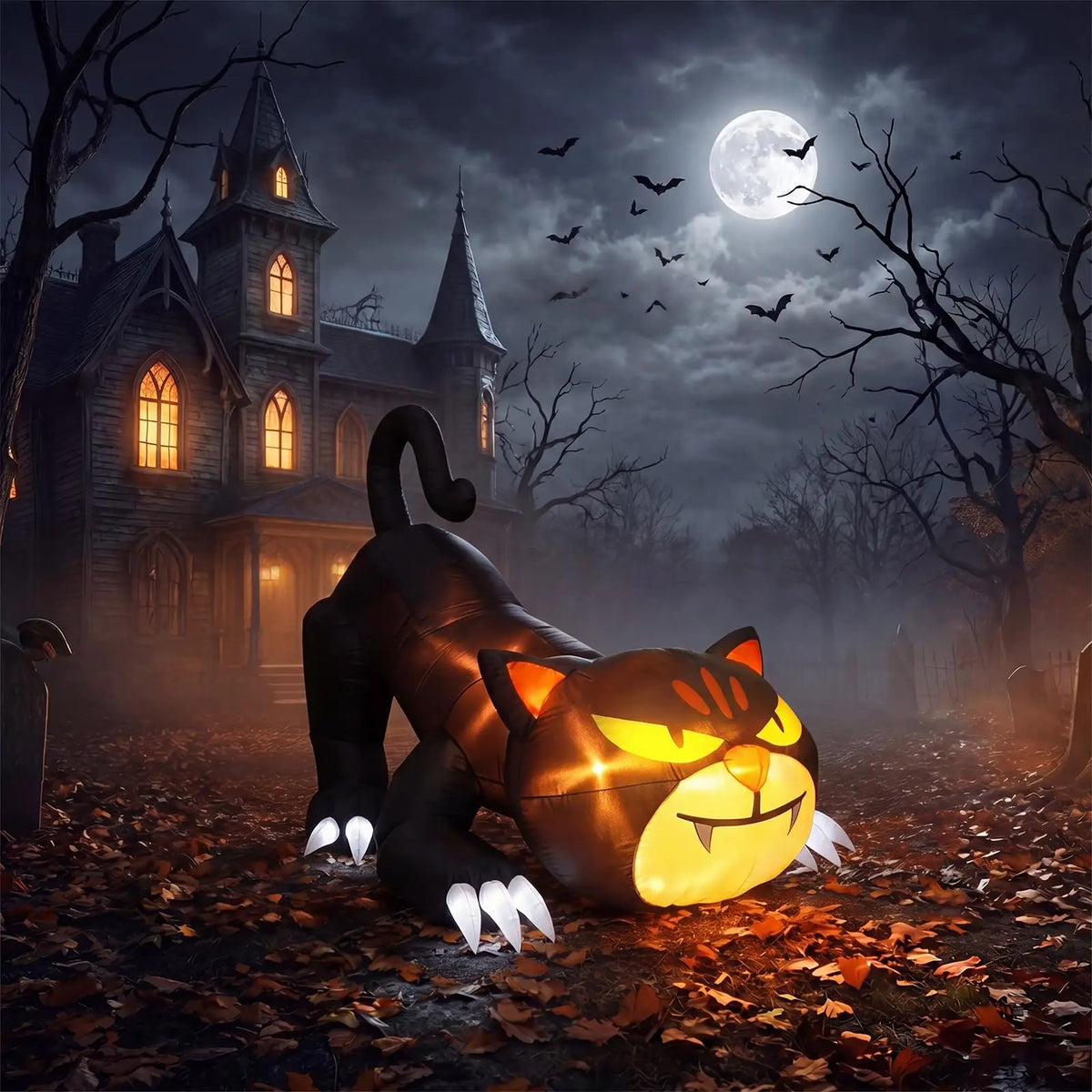 7ft Halloween Inflatable Crawling Black Cat Outdoor Yard Decor With 3 Led Lights, Blower, Stakes & Ropes For Lawn Garden Porch