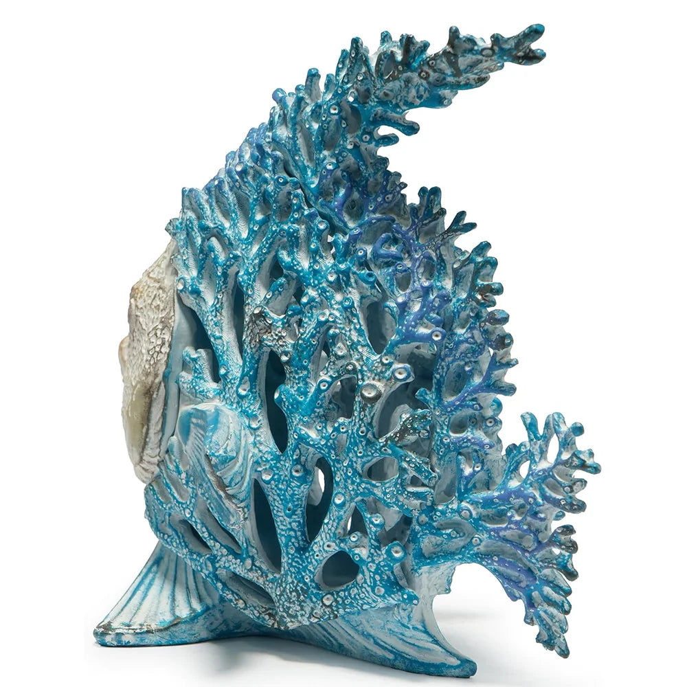 Hodao 7.75 Inch Resin Coral Reef Fish Figurine, Hand-Painted Blue and Ivory Angelfish Sculpture with Stone-Textured Finish, Coastal Ocean Sea Life Decor for Beach House, Living Room, Bathroom, Bookshelf, Tabletop, Office Desk