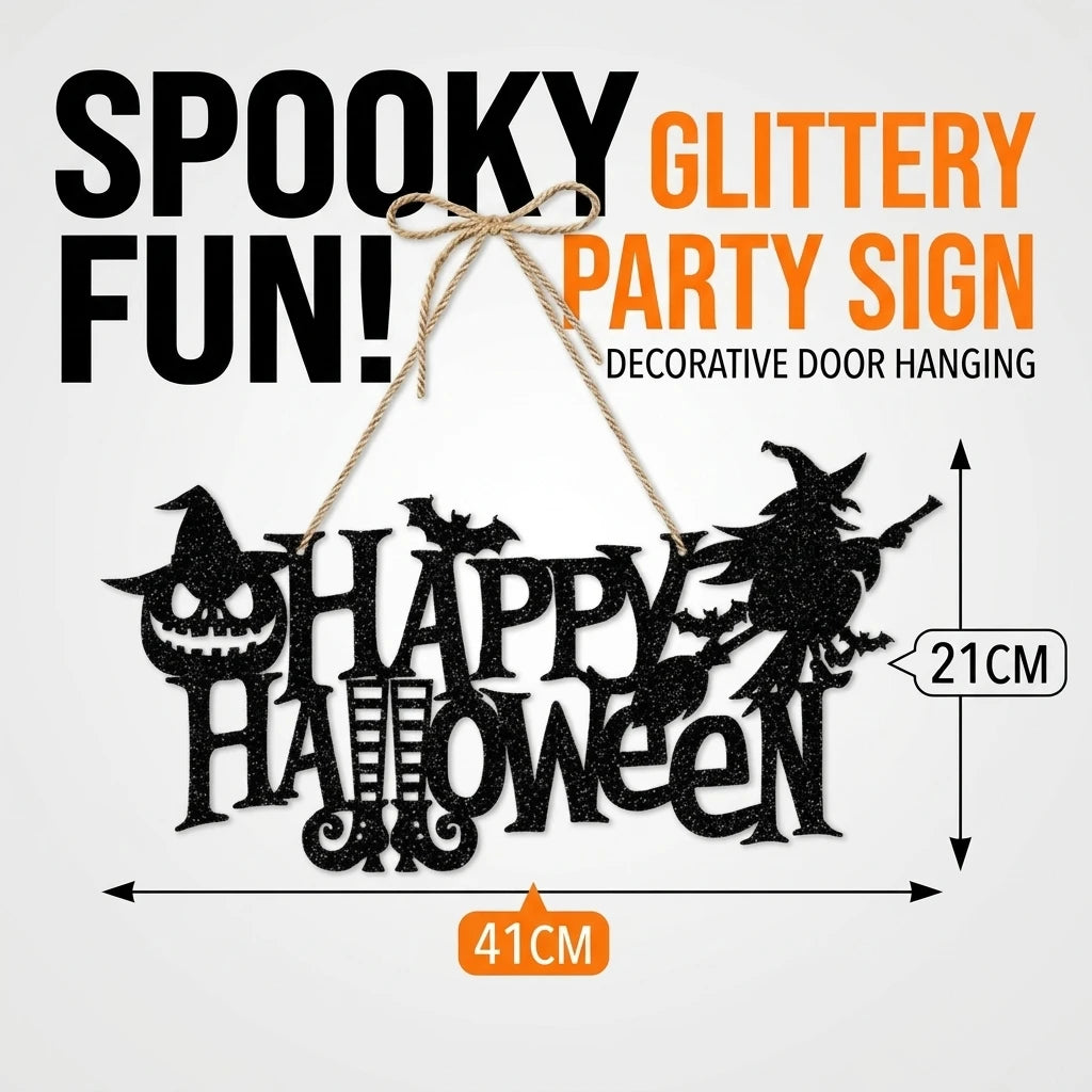Halloween Hanging Sign Happy Halloween Door Decoration Glitter Black Witch Pumpkin Bat Wall Decor for Party Home Haunted House Bar Layout, 16.1x8.3 Inches (41x21cm)