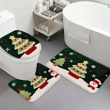 Christmas Bathroom Mat Set, Xmas Tree Snowman Bath Rug Non-Slip Toilet Seat Cover Set, Merry Christmas Home Decor