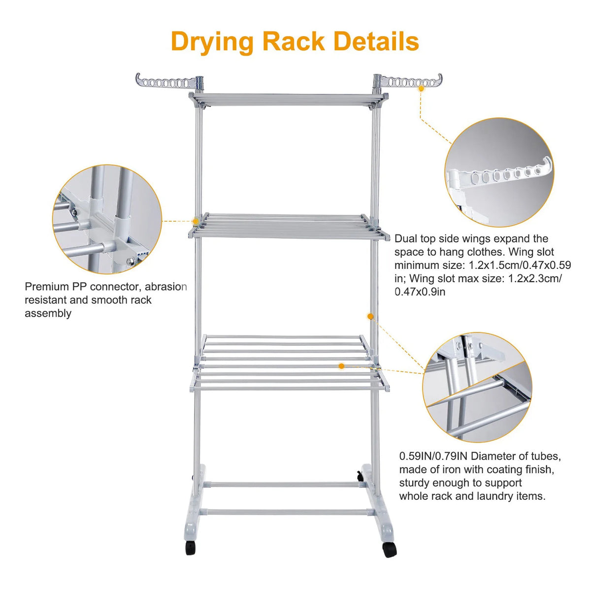 4-Tier Clothes Drying Rack Foldable Wings Dryer Clothes Space Saving Hanger Adjustable Large Garment Laundry Racks 2 Wing Hooks