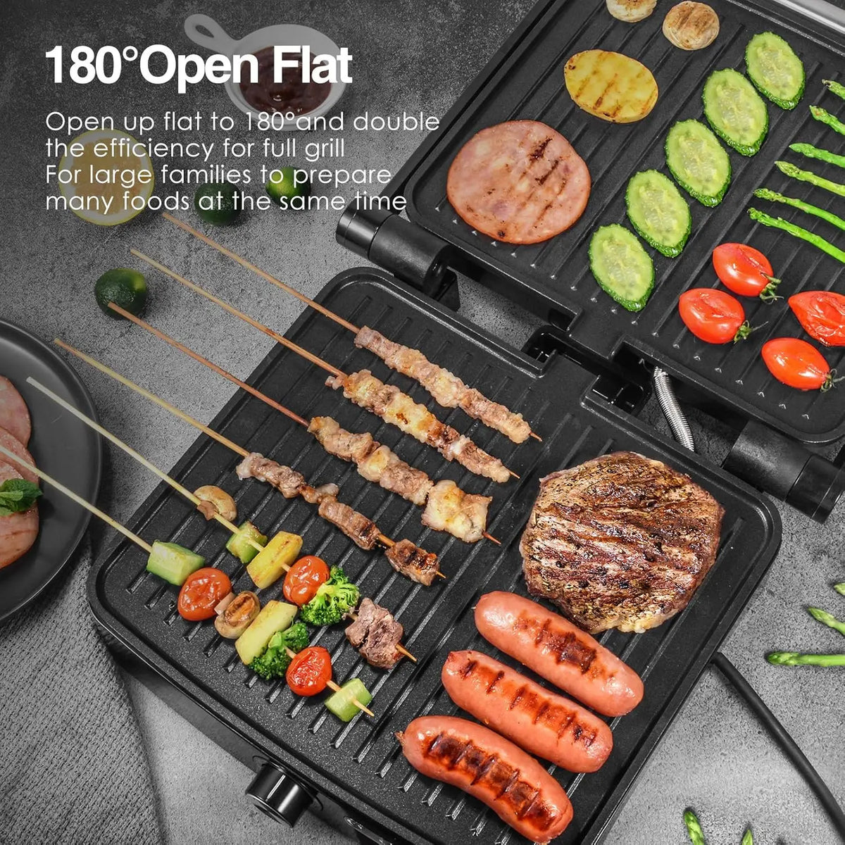 1200W Panini Press Grill with Adjustable Temperature, 4-Slice Indoor Grill, 180° Open Sandwich Maker with Drip Tray
