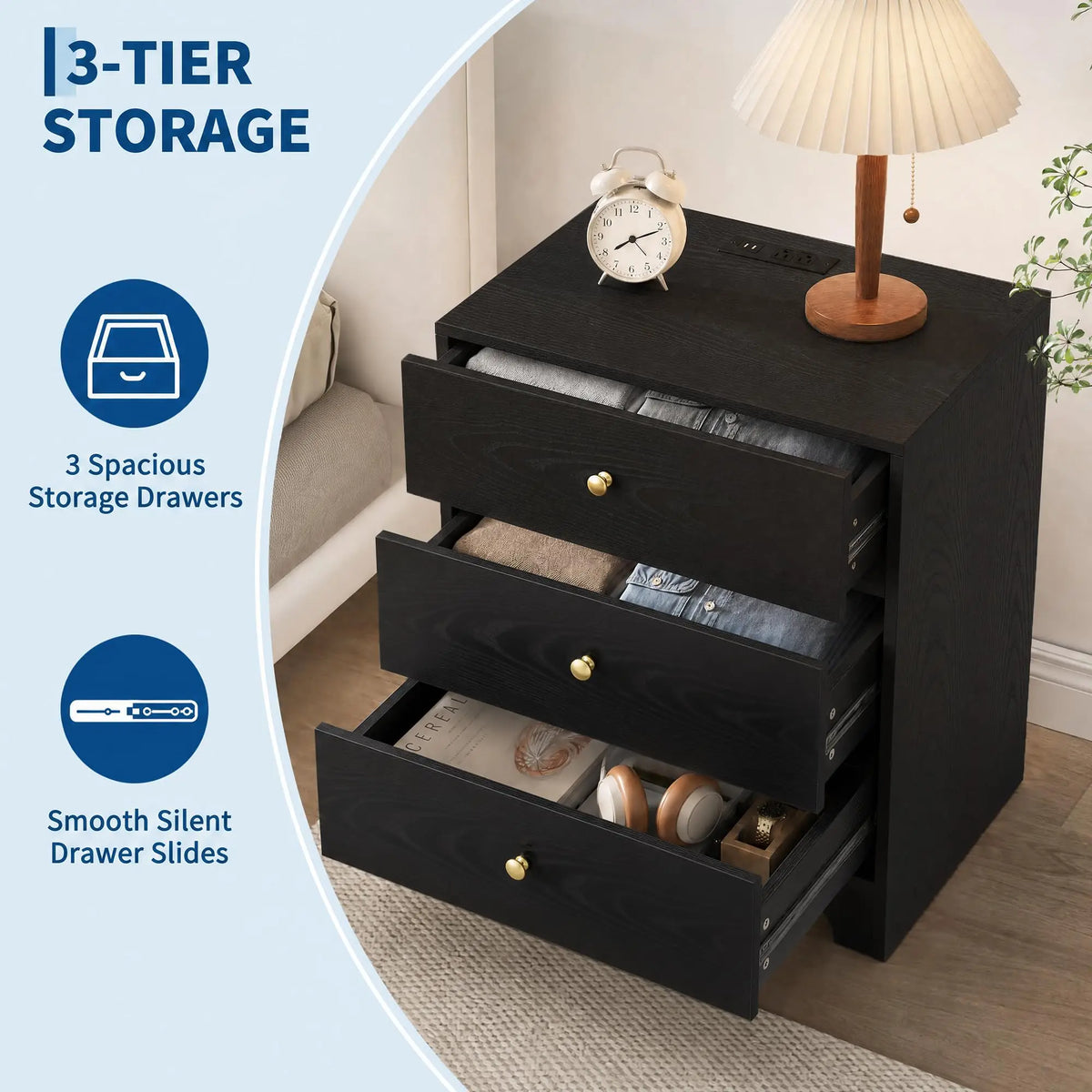 Nightstand With Charging Station 3 Drawers Set Of 2
