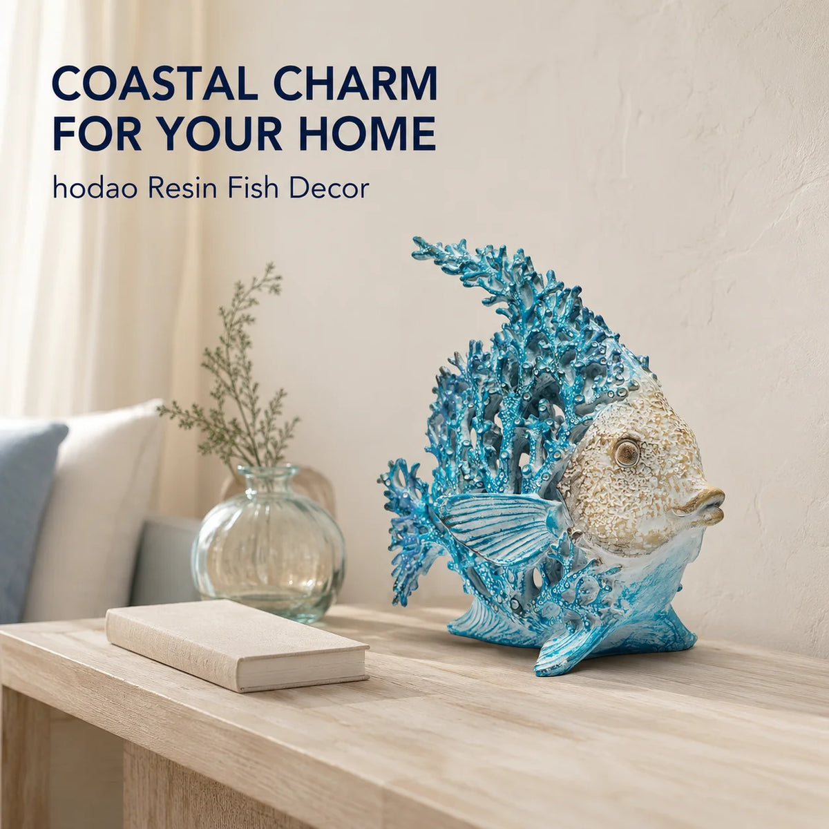 Hodao 7.75 Inch Resin Coral Reef Fish Figurine, Hand-Painted Blue and Ivory Angelfish Sculpture with Stone-Textured Finish, Coastal Ocean Sea Life Decor for Beach House, Living Room, Bathroom, Bookshelf, Tabletop, Office Desk