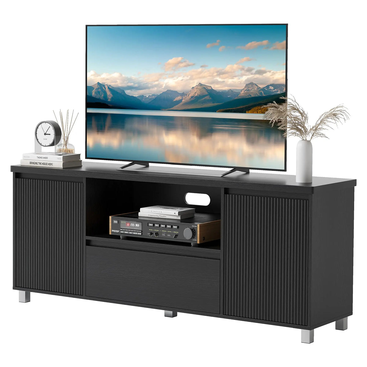 Modern TV Stand For TVs Up To 70 Inch, Media Console With Fluted Door Cabinets, Drawer, Open Shelves, Cable Management Cabinet
