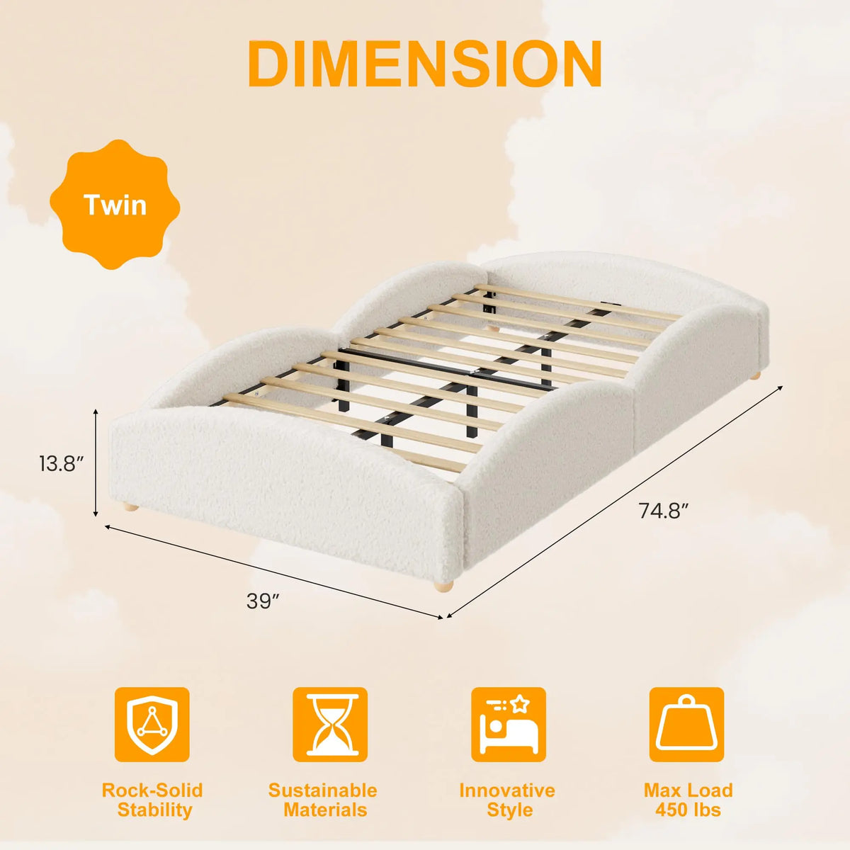 Cloud Design Upholstered Floor Bed for Kids – Soft Soft bear Fabric Low-Profile Daybed with Raised Sides, Educational method-style-inspired Platform Bed for Boys & Girls – Twin/Twin-XL, Pink/Light Grey/Beige