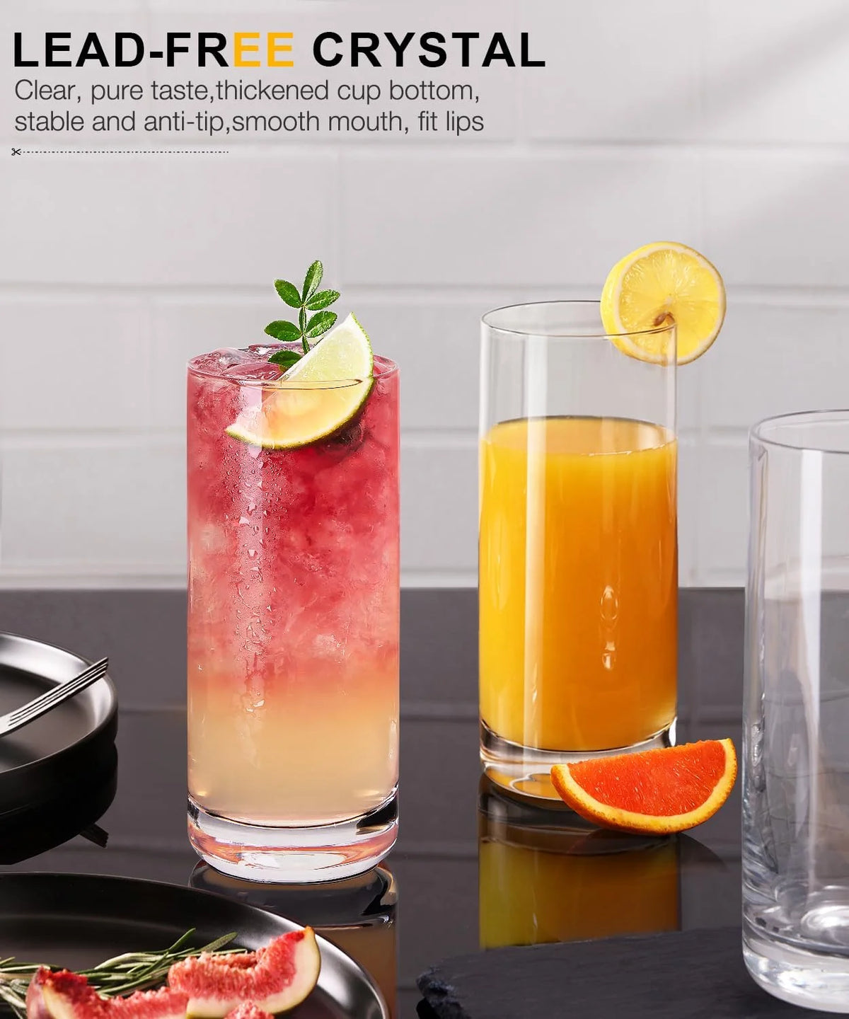 Drinking Glasses Set of 8, 16Oz Crystal Highball Glasses, Clear Tall Glass Cups, Water Glass for Kitchen, Tom Collins, Juice, Whiskey, Mojito Cocktail Glasses for Bar Glassware, Gift