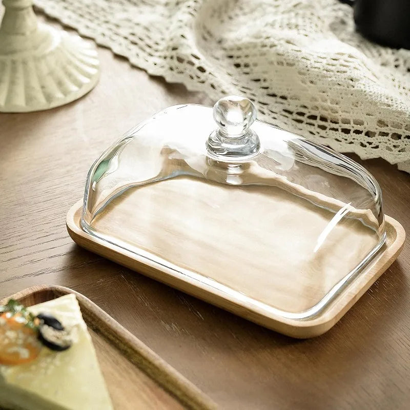 1PC Wooden Butter Dish with Clear Dome Vintage Multipurpose Dessert Pastry Snack Fruit Serving Display Plate
