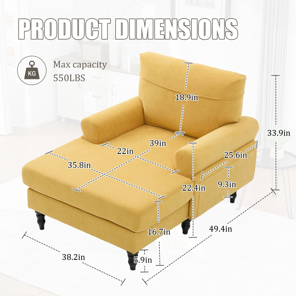 49.4-inch Modern Minimalist Chenille Fabric Single Sofa With Comfortable Backrest and Armrests Featuring Side Storage Pockets Suitable For Living Room Bedroom or Office