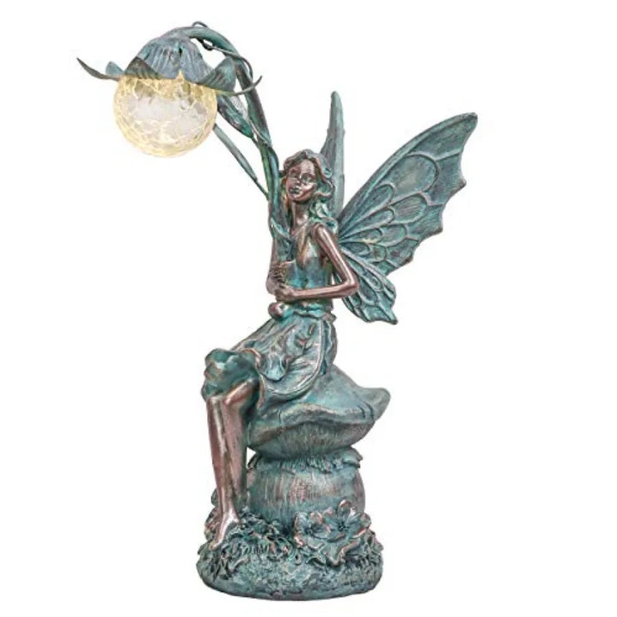 Garden Statues Fairy Sculptures and Statues, Outdoor Solar Light Garden Decor Resin Patina Bronze Figurines for Outdoor Decor,