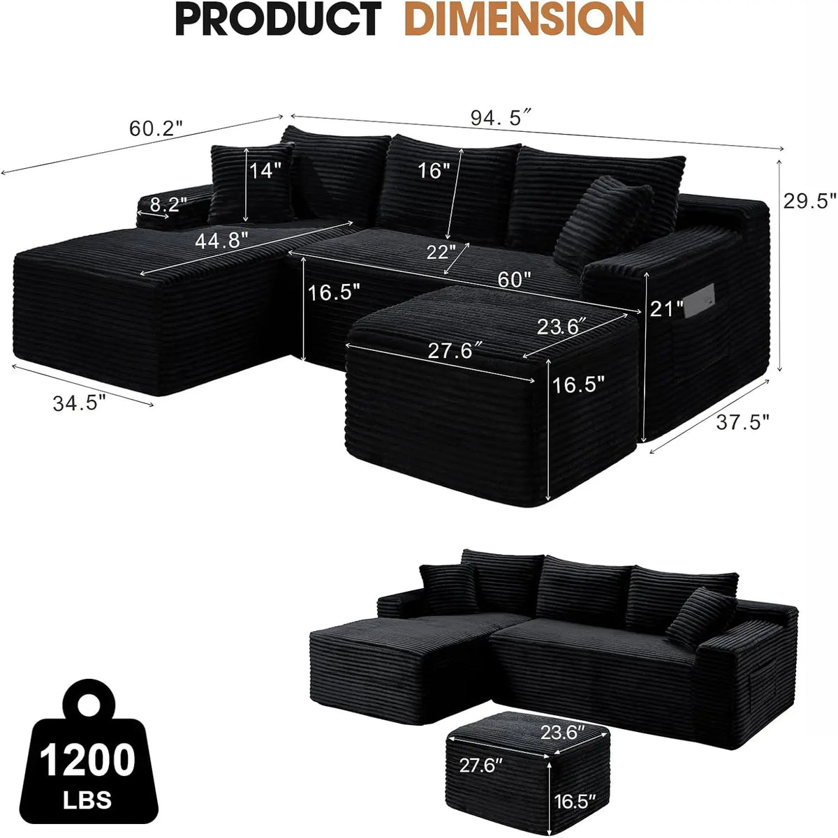 U-Shaped Modular Sectional Sofa With Ottoman Deep Seat Sleeper
