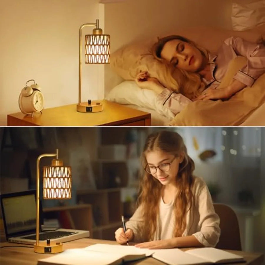 Lamp for Bedroom Boho Rattan Table Lamps Set of 2 with LED Bulbs Bedside Lamps for Night Stands with Wicker Shade USB Port and