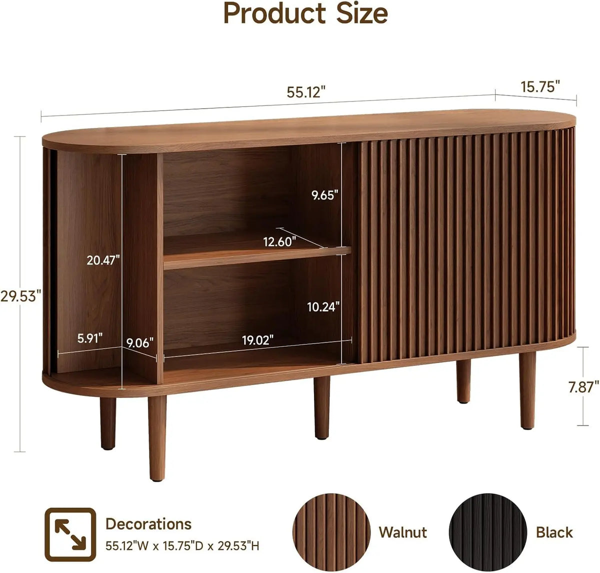 55" Sideboard Cabinet Buffet Storage - Mid-Century Modern Coffee Bar Table w/2 Doors, Adjustable Shelves, Walnut Finish | Kitchen, Dining Room Furniture