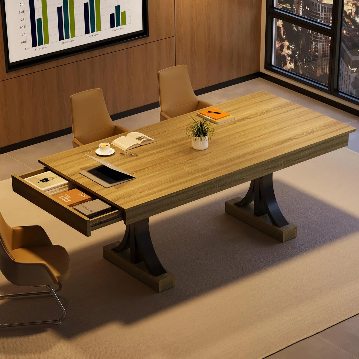 HiMISS Industrial Dining Table With Drawers And Pedestal Base
