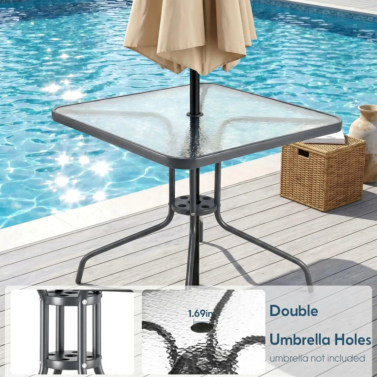 AOOU 5-Piece Outdoor Patio Dining Set Glass Table And Stackable Chairs Space-Saving 30''x30'' Metal Frame Umbrella Hole All-Weather for Backyard Poolside