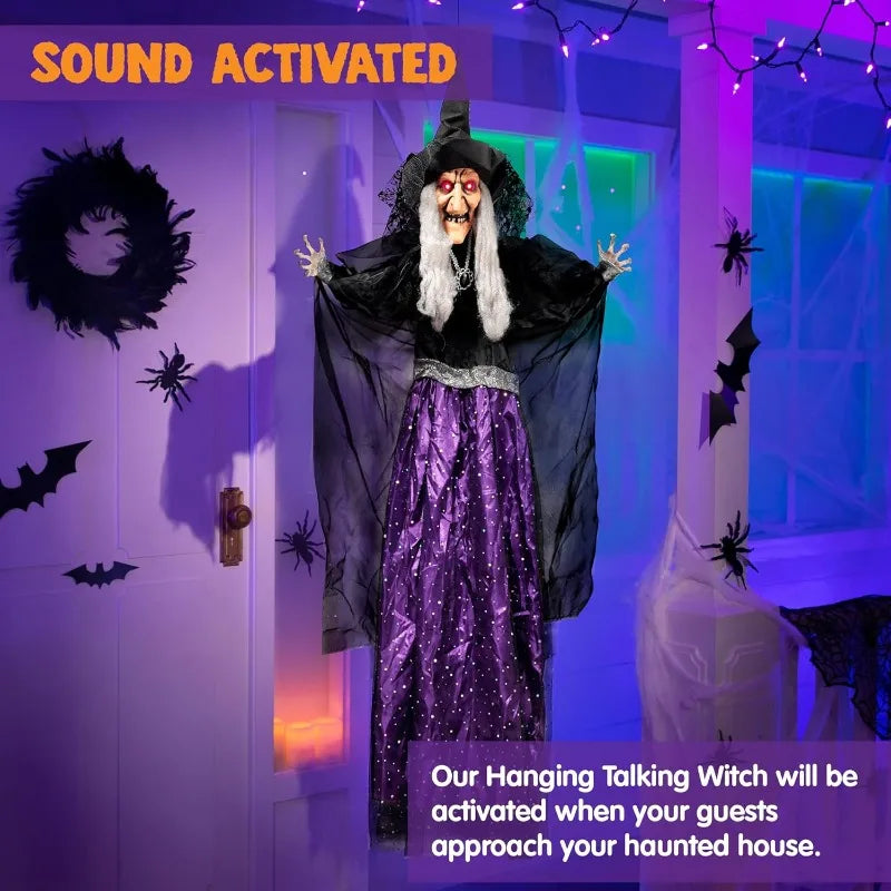 47'' Animated Witch Halloween Decorations Outdoor Indoor Scary Halloween Animatronics Decor, Hanging Ghost Talking Sound Activated Led Lights Eyes Haunted House Yard Garden Lawn