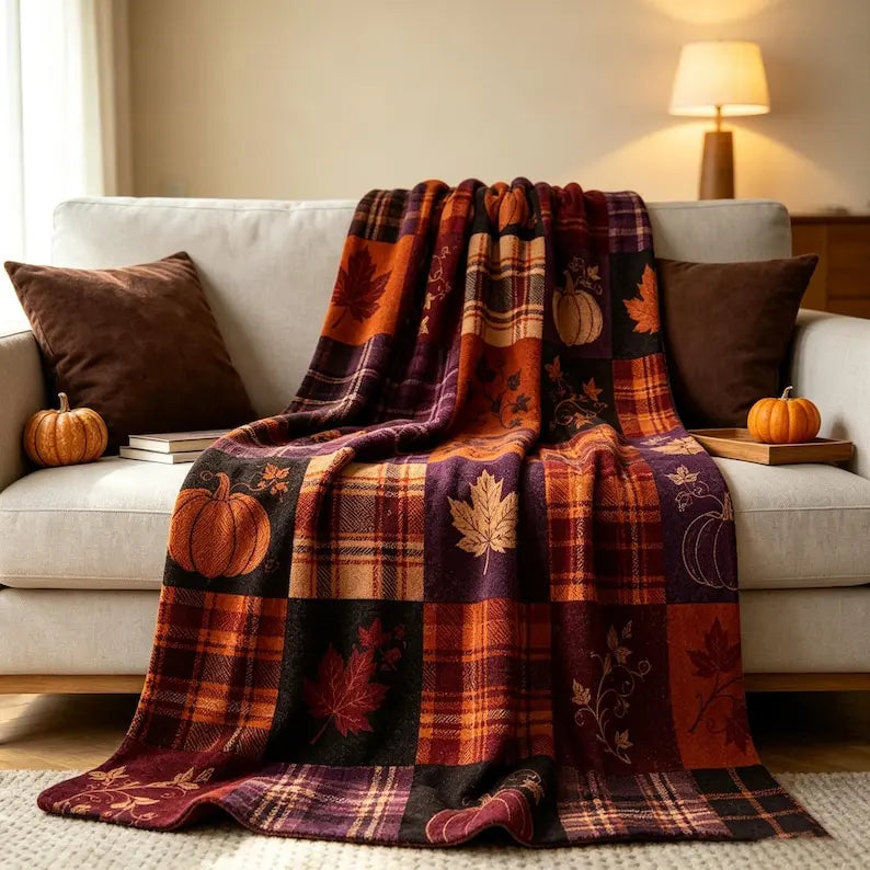 Patchwork Flannel Throw Blanket, Autumn Plaid Pumpkin Maple Leaf, Rustic Harvest Home Decor