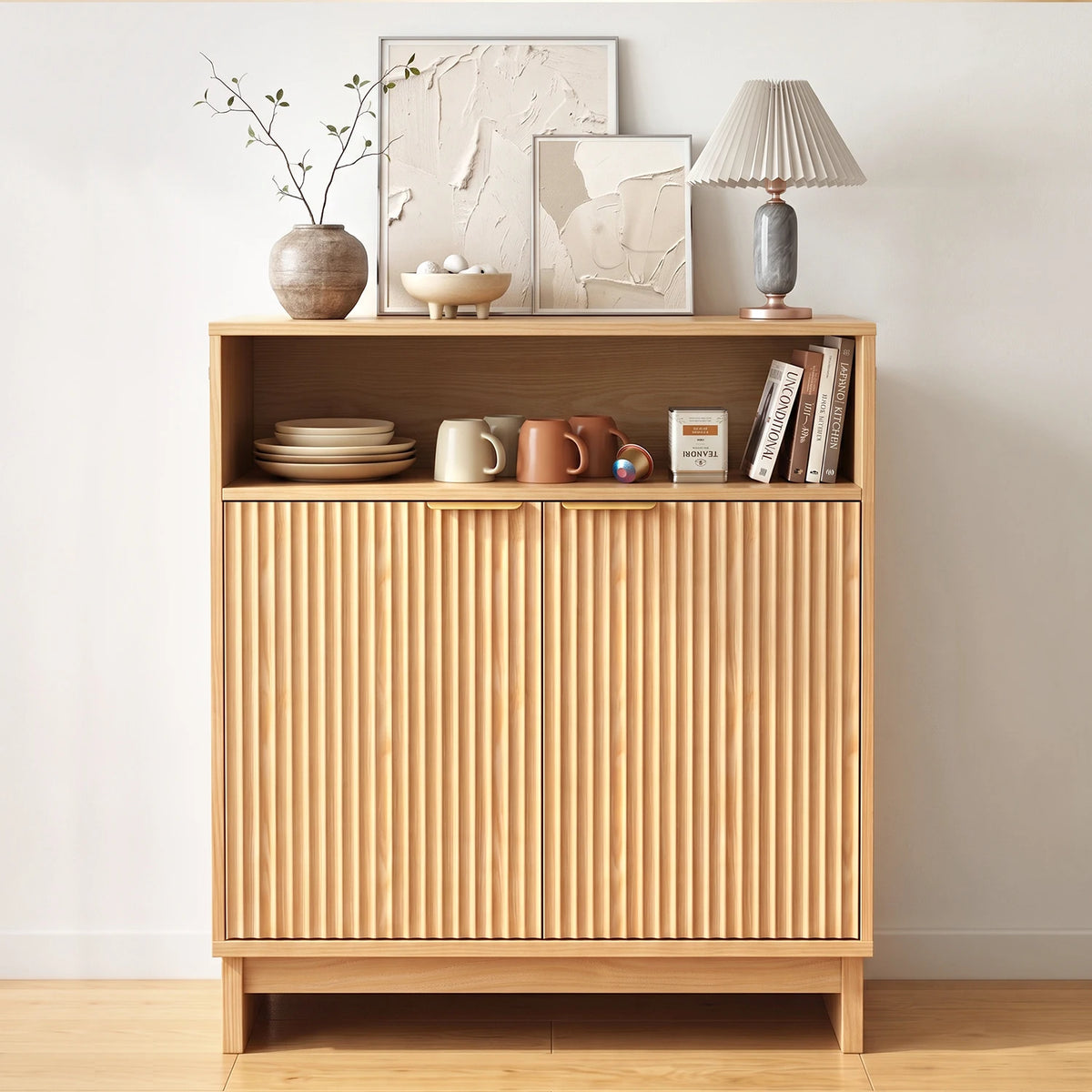 TinyNest 31.5 inch Buffet Cabinets with Storage, Fluted Wood Kitchen Sideboard, Mid Century Modern Coffee Bar Cabinet Pantry with Door & Adjustable Shelves, Console Table for Entryway, Living Room, Dining Room, Hallway, Bathr