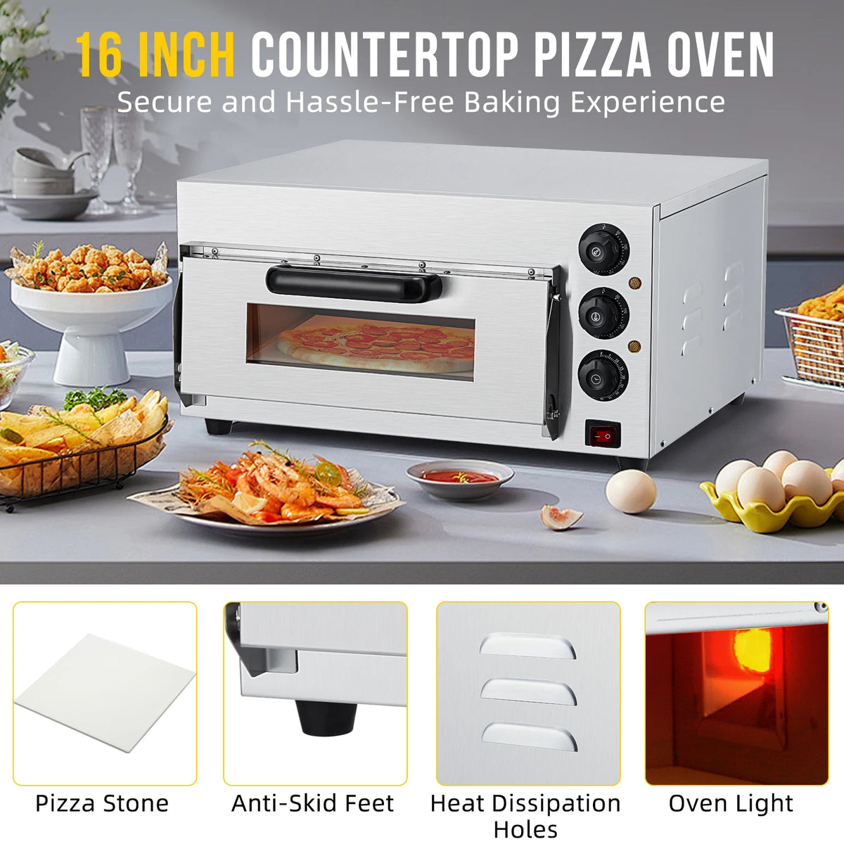 16 Inch Countertop Pizza Oven, 1600W Stainless Steel Electric Pizza Oven with Pizza Stone, Timer & Adjustable Temp for Home Commercial Use
