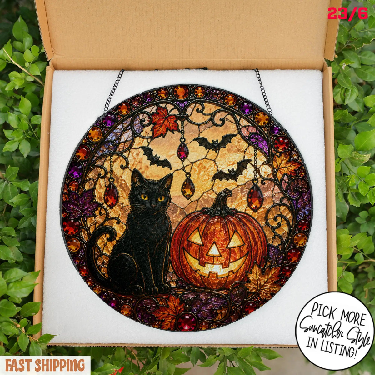 Black Cat Pumpkin Moon Stained Glass Suncatcher, Gothic Crescent Moon Decor, Spooky Cat Lover Home Decor, Halloween Gift