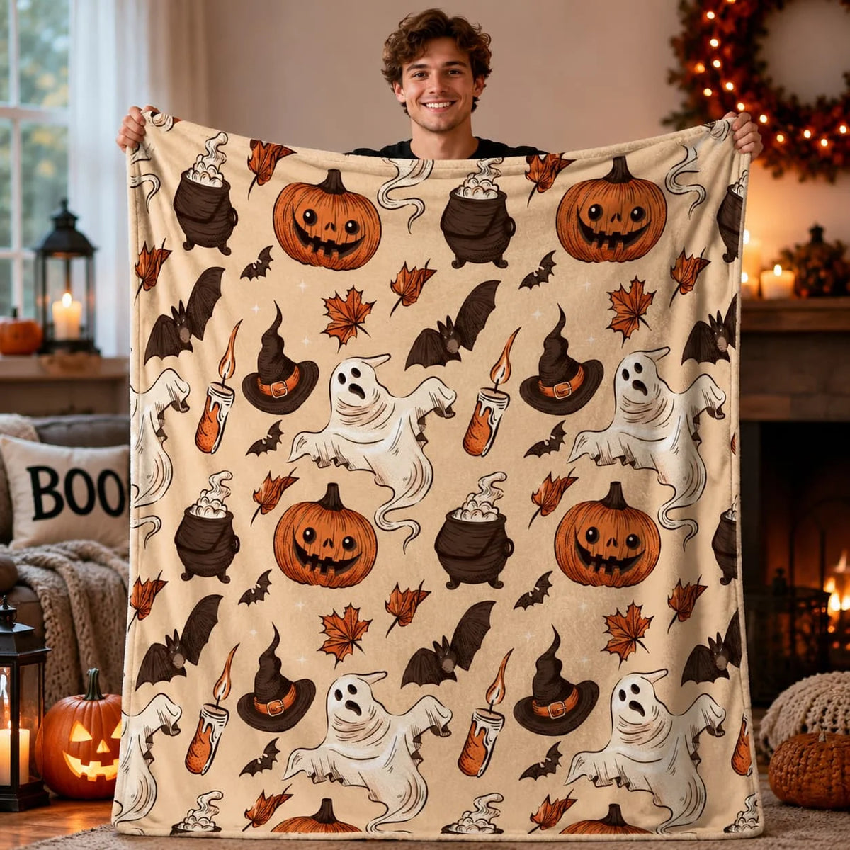 1pc Spooky Pumpkin & Ghosts Plaid Flannel Throw Blanket - Soft Polyester, All-Season Decorative Throw for Bedroom & Living Room, Machine Washable, Perfect Gift for Halloween, Birthdays, and Home Decor, Halloween Decorations