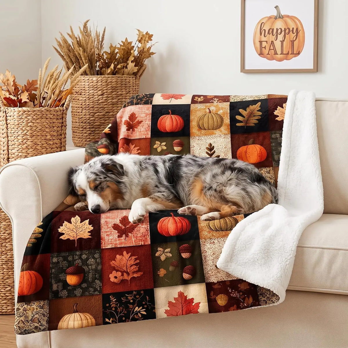 Fall Blanket 50"x60" Autumn Plaid Pumpkin Maple Leaves Acorns Throw Blankets Seasons Soft Warm Cozy Lightweight Rustic Harvest Thanksgiving Flannel Throw Blanket for Couch,Bed,Living Room,Dorm,Travel