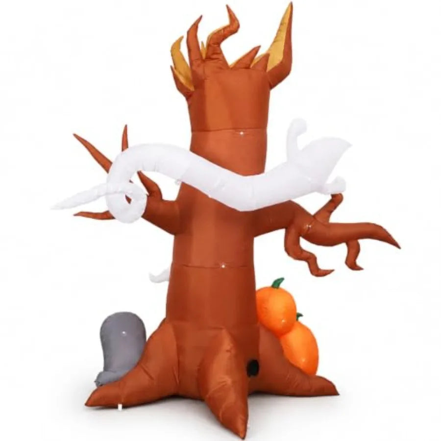 8FT Halloween inflatable ghost tree decoration with pumpkins and tombstone for outdoor lawn garden use, polyester material, whi