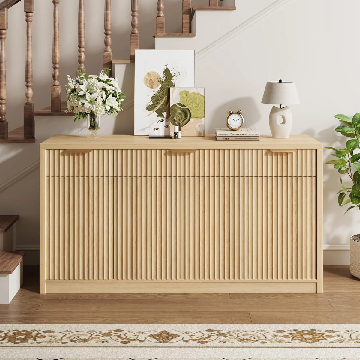 HiMISS Fluted Buffet Sideboard Cabinet With Drawers And Doors