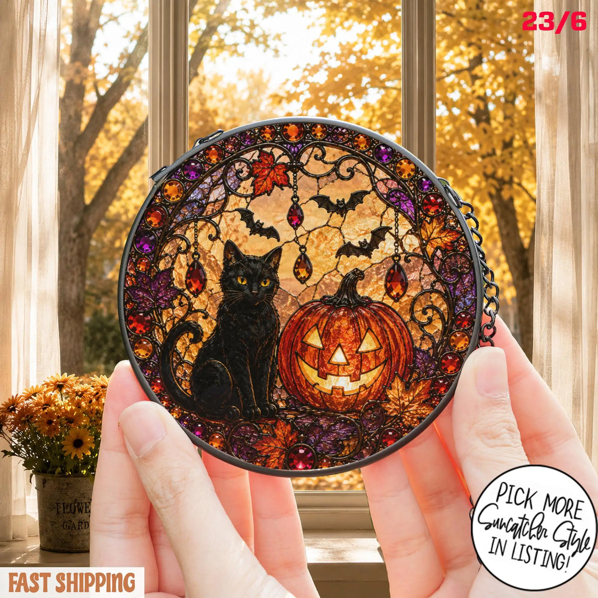 Black Cat Pumpkin Moon Stained Glass Suncatcher, Gothic Crescent Moon Decor, Spooky Cat Lover Home Decor, Halloween Gift