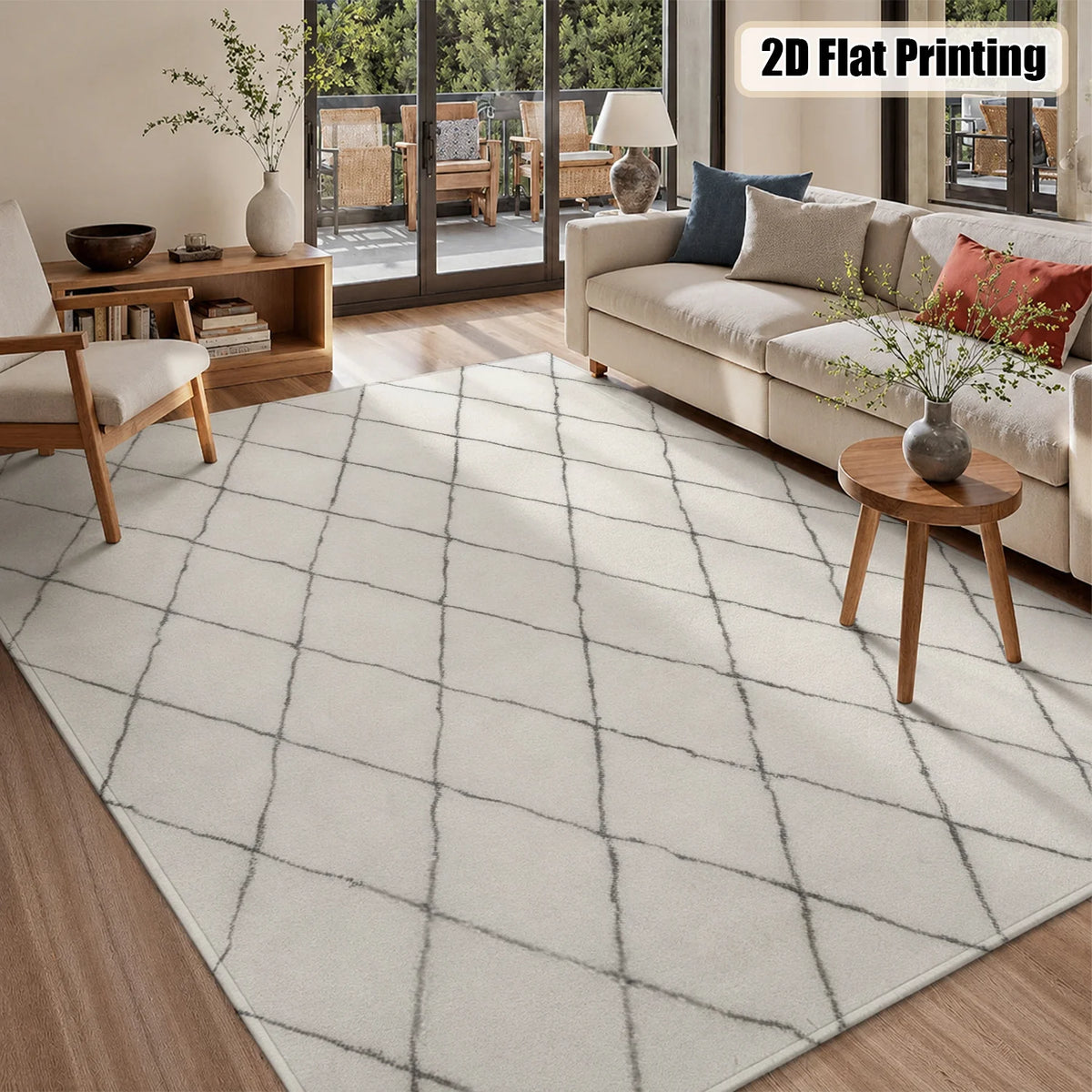 Large Indoor Area Rug, Soft Velvet Low Pile with Non-Slip Dotted Backing, Machine Washable, White Dark Gray Diamond Grid Pattern for Living Room, Bedroom Home Floor Decoration