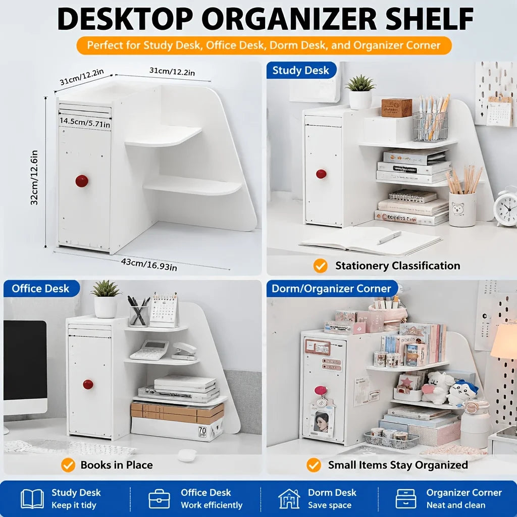 Desk Corner Storage Rack with a Large Drawer for Organizing and Storing Items on Your Desk. Suitable for Office Desks, Home Study Rooms, and Bedrooms.