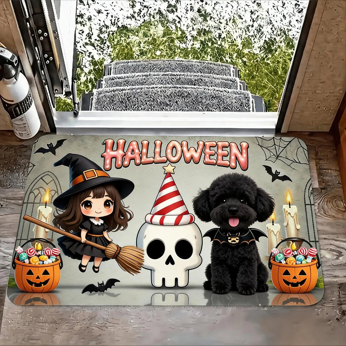 1pc Door Mat with Halloween Pumpkin and Cat Design, Welcome Floor Mats, Polyester Area Mat for Laundry Room and Kitchen, Room Decoration, Guest Room Decor