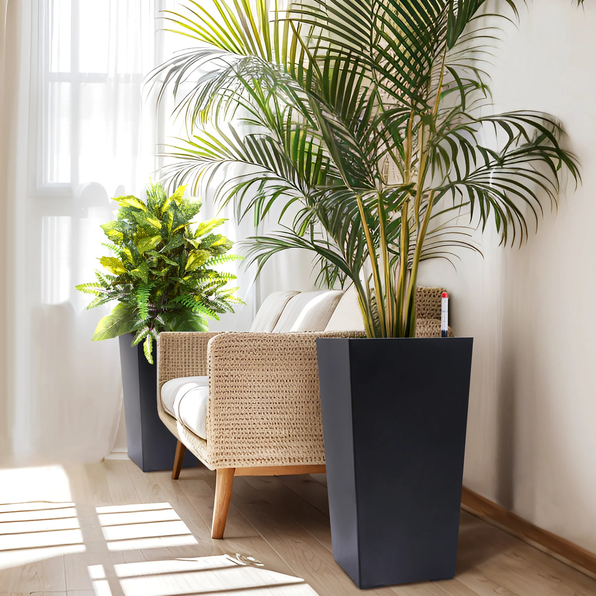 Tall Planters Set of 2, Outdoor＆Indoor Black Planter Pots, High Front Porch Planter Pots With Drainage Holes＆Water Level Monitor＆Inner Bucket, Automatic Watering