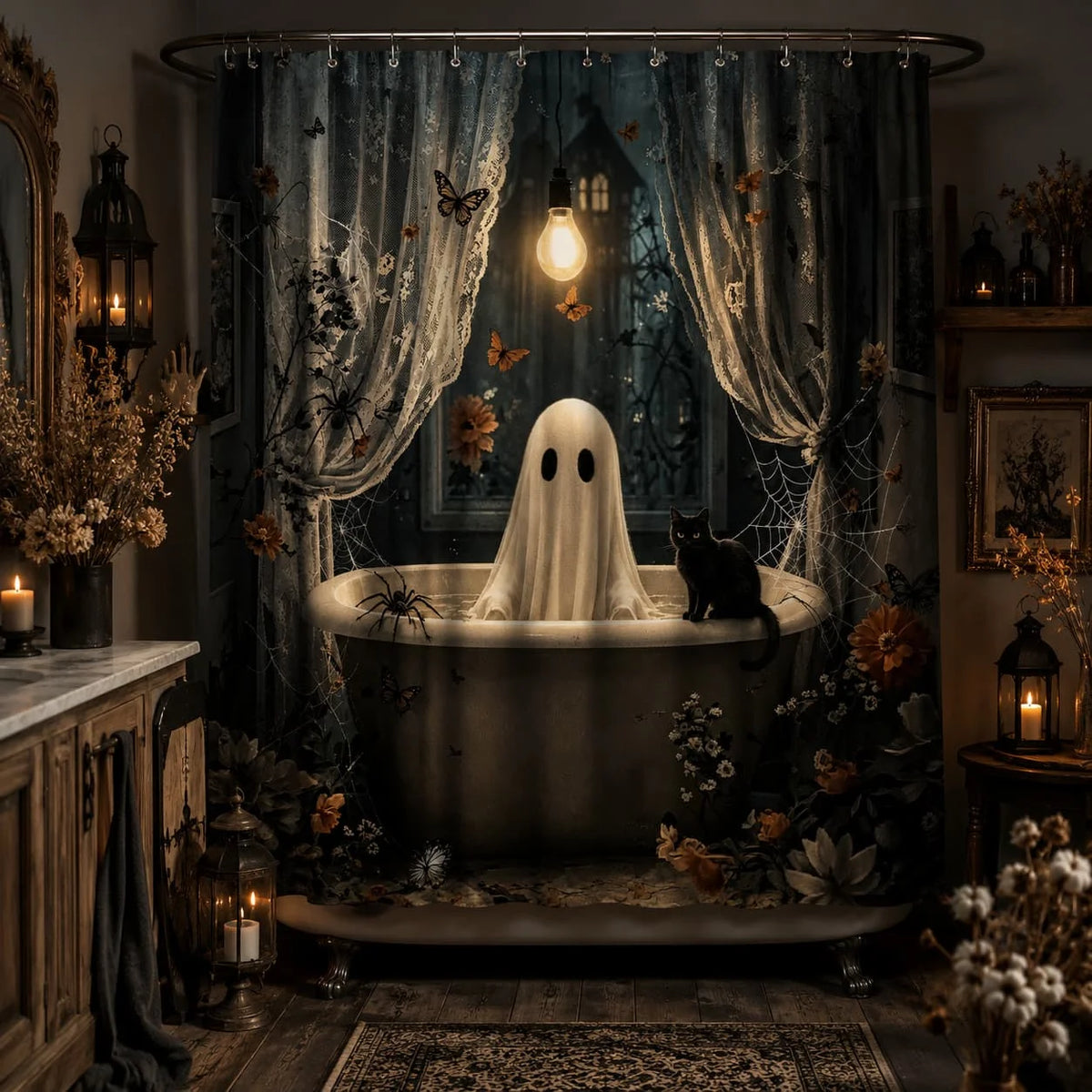2D Flat, 1pc Shower Curtain, Gothic 2D Shower Curtain for Bathrooms, Includes a High-Quality 70.87 X 70.87inch Shower Curtain And 12 Durable Hooks. Bathroom Decor And Additions, Local Warehouse Items
