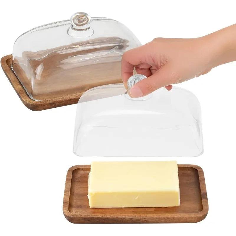 1PC Wooden Butter Dish with Clear Dome Vintage Multipurpose Dessert Pastry Snack Fruit Serving Display Plate
