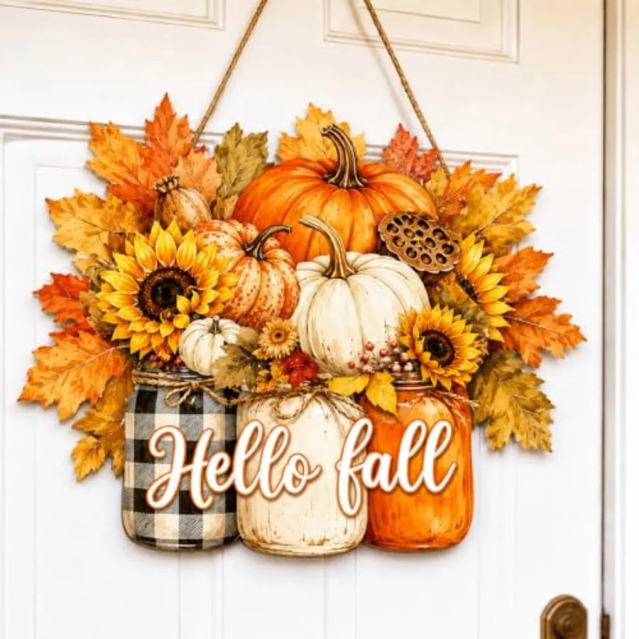 Fall Door Decor Wooden Hello Fall Sign, Pumpkin Truck Door Hanger Wooden Hello Fall pumpkin truck sign for front door, porch, w
